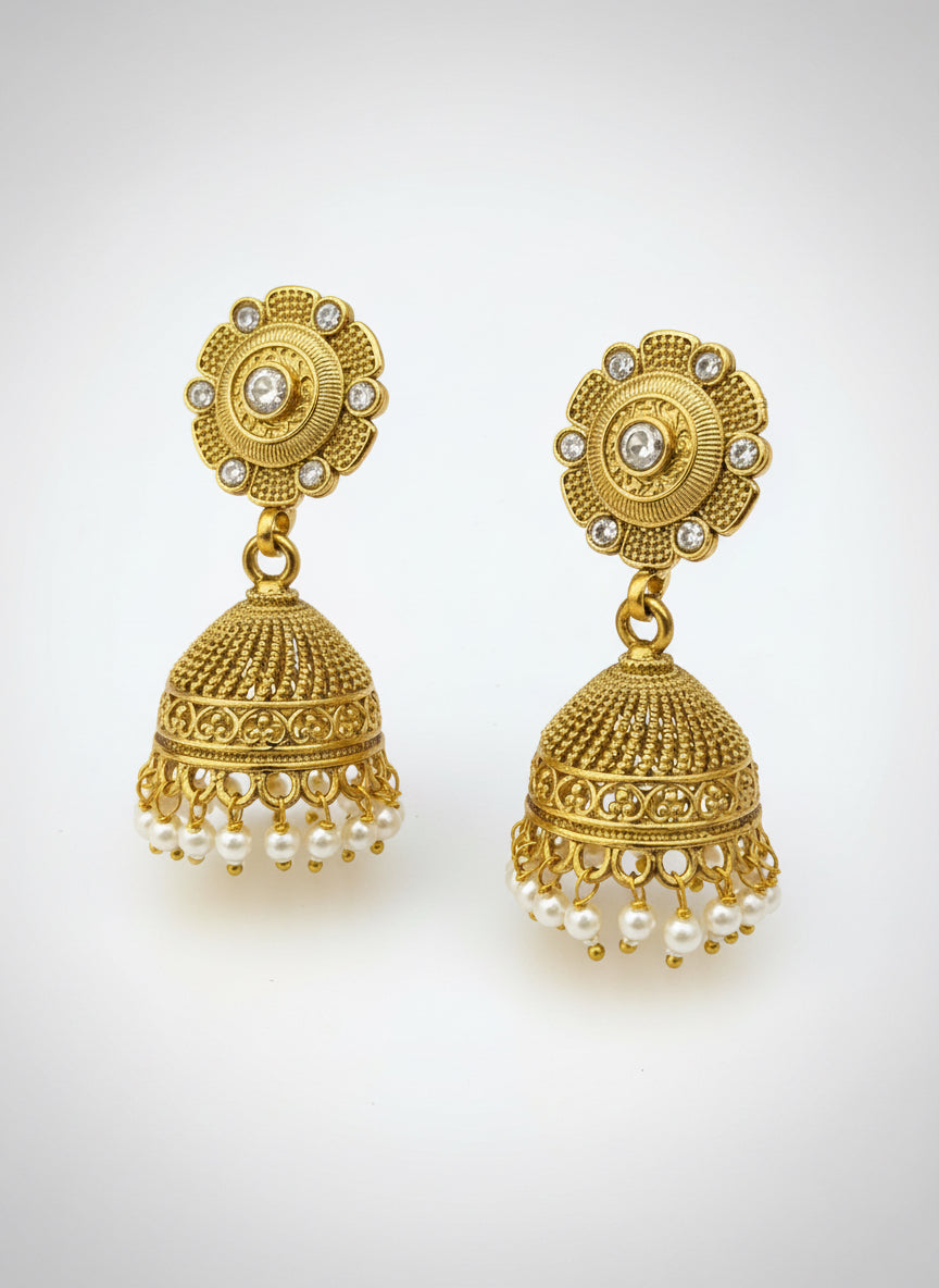 Gold Jhumkas with AD and Pearl Beads