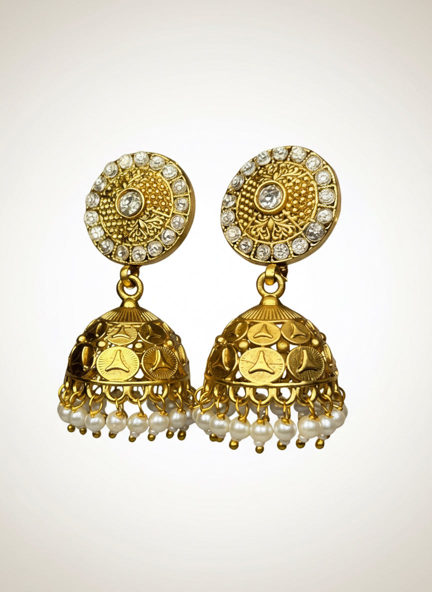 Gold Jhumkas with AD and Pearl Beads