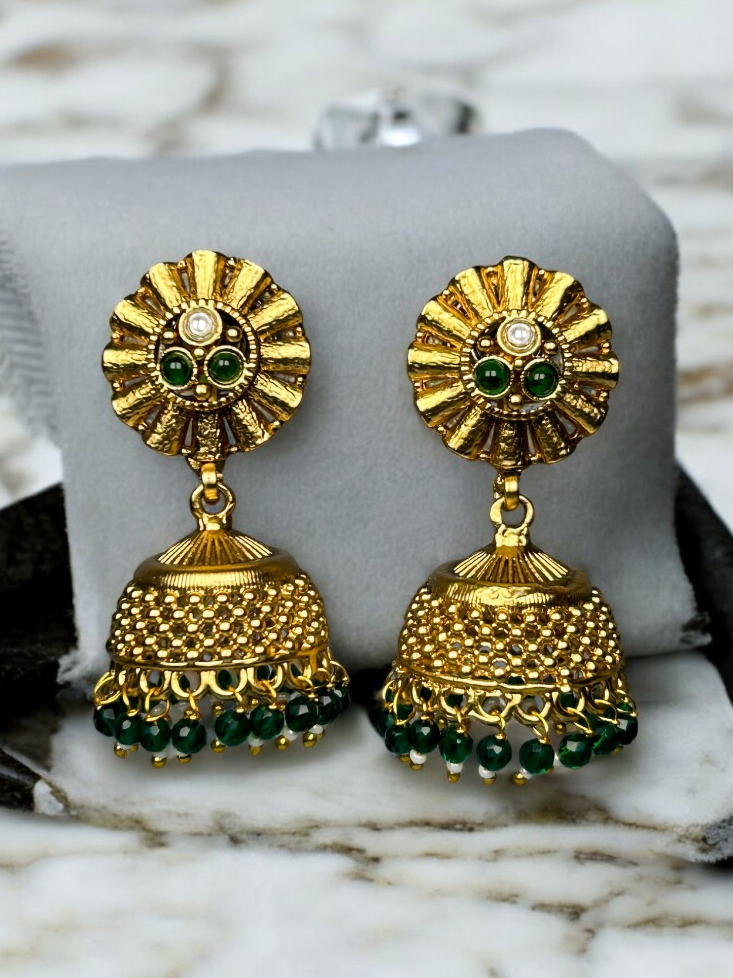 Gold Plated Jhumkis with Emerald Green Beads