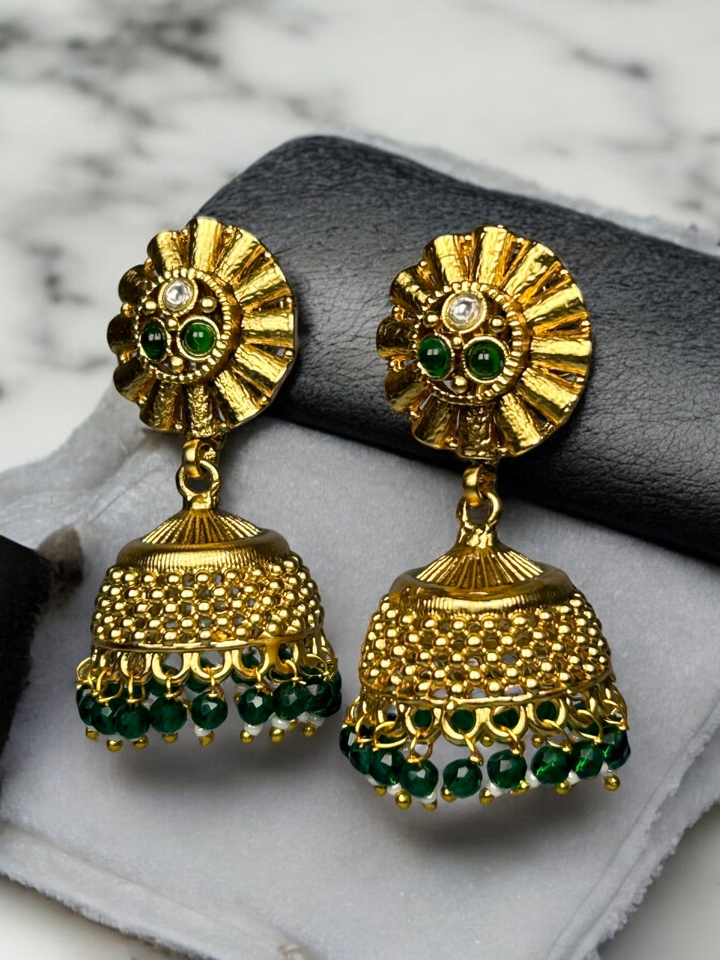 Gold Plated Jhumkis with Emerald Green Beads