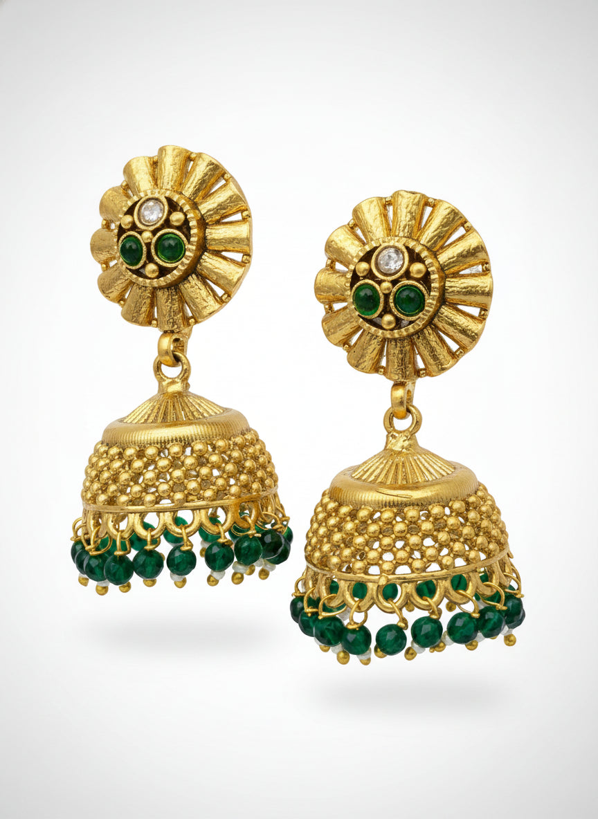 Gold Plated Jhumkis with Emerald Green Beads