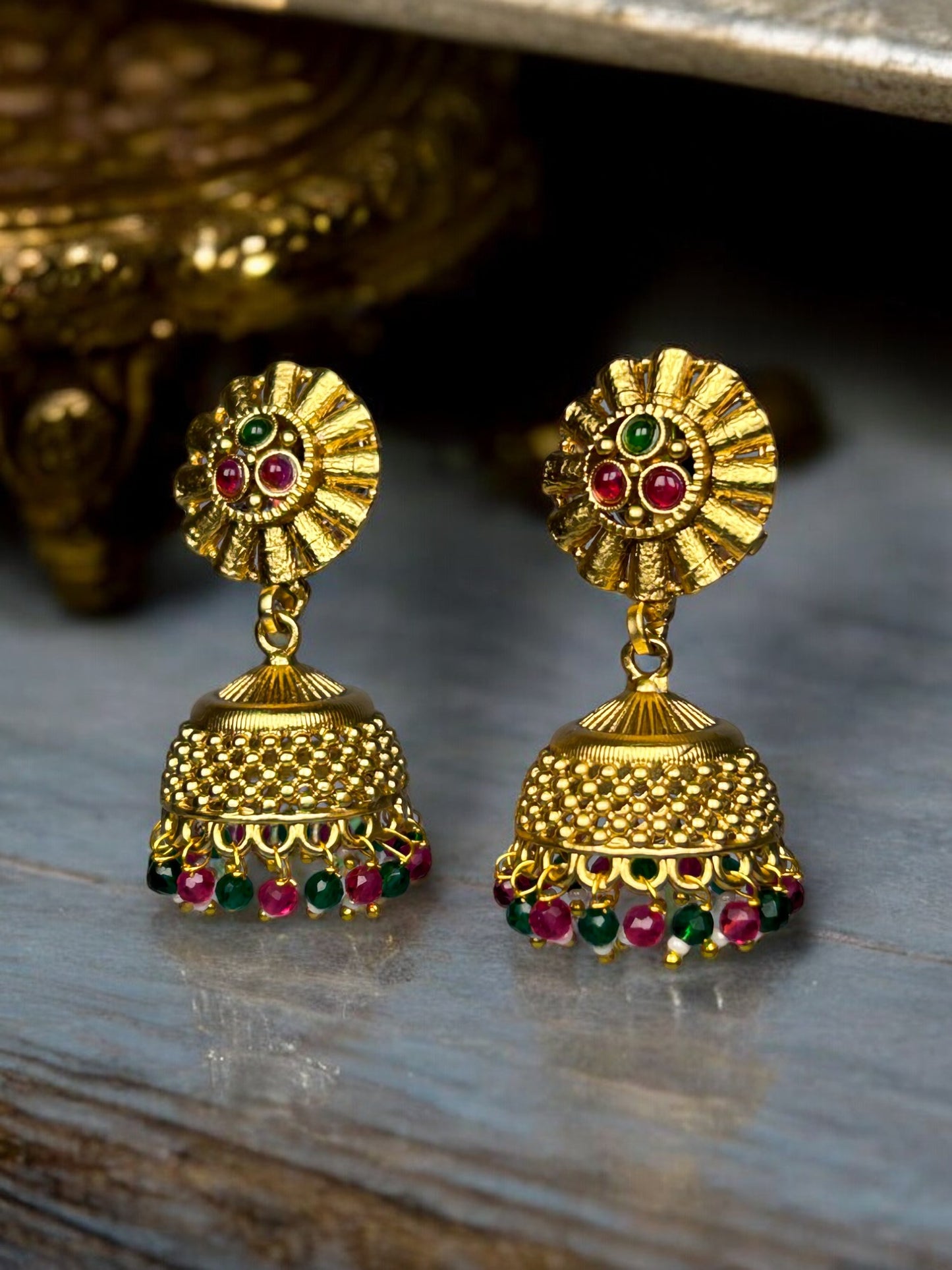 Gold Jhumkis with Colourful Beads