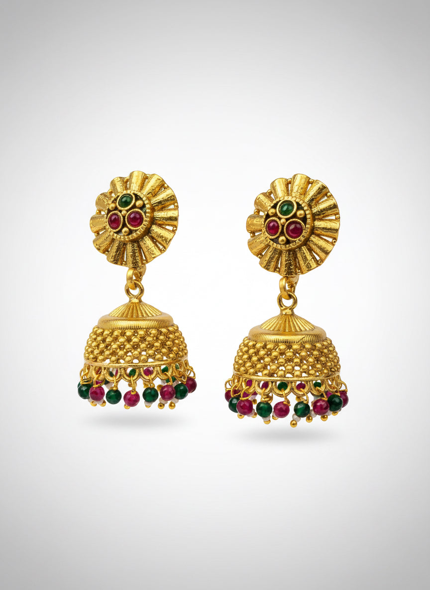 Gold Jhumkis with Colourful Beads