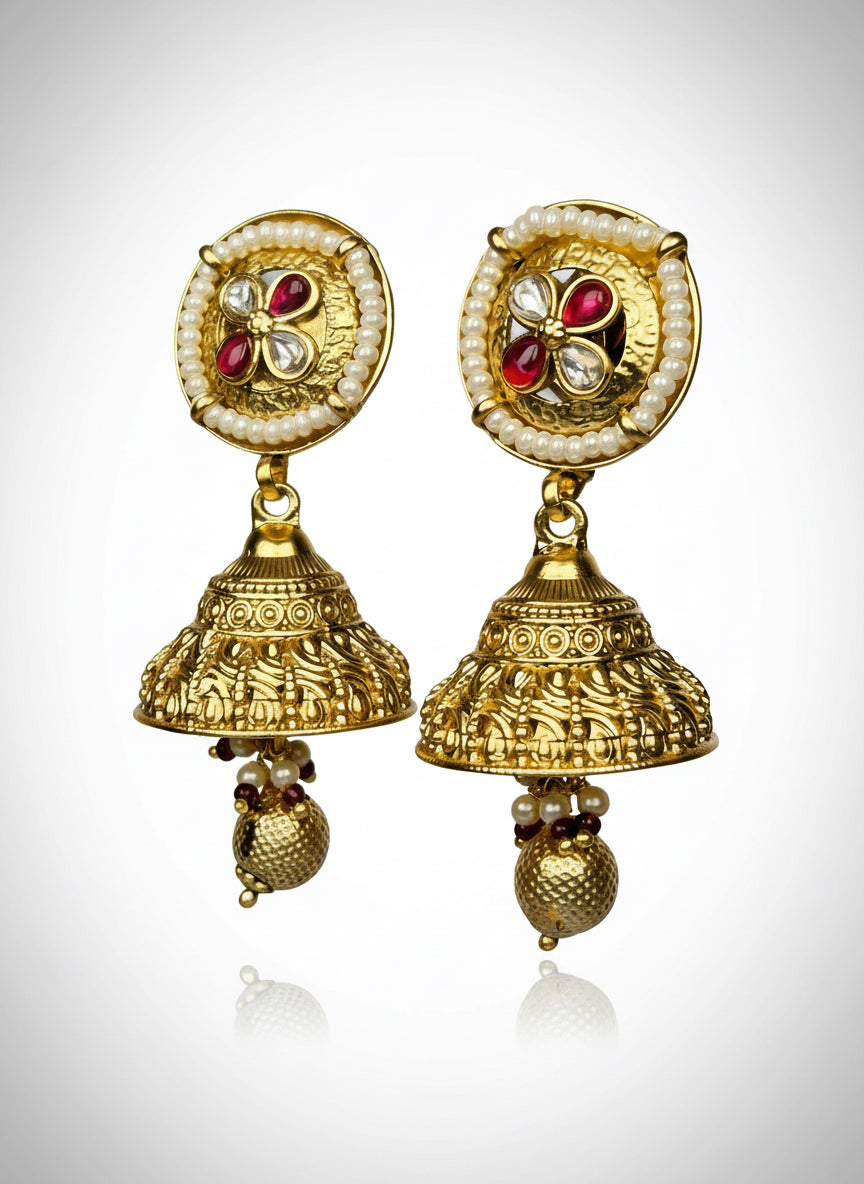 Gold Jhumkis with Pearl Beads