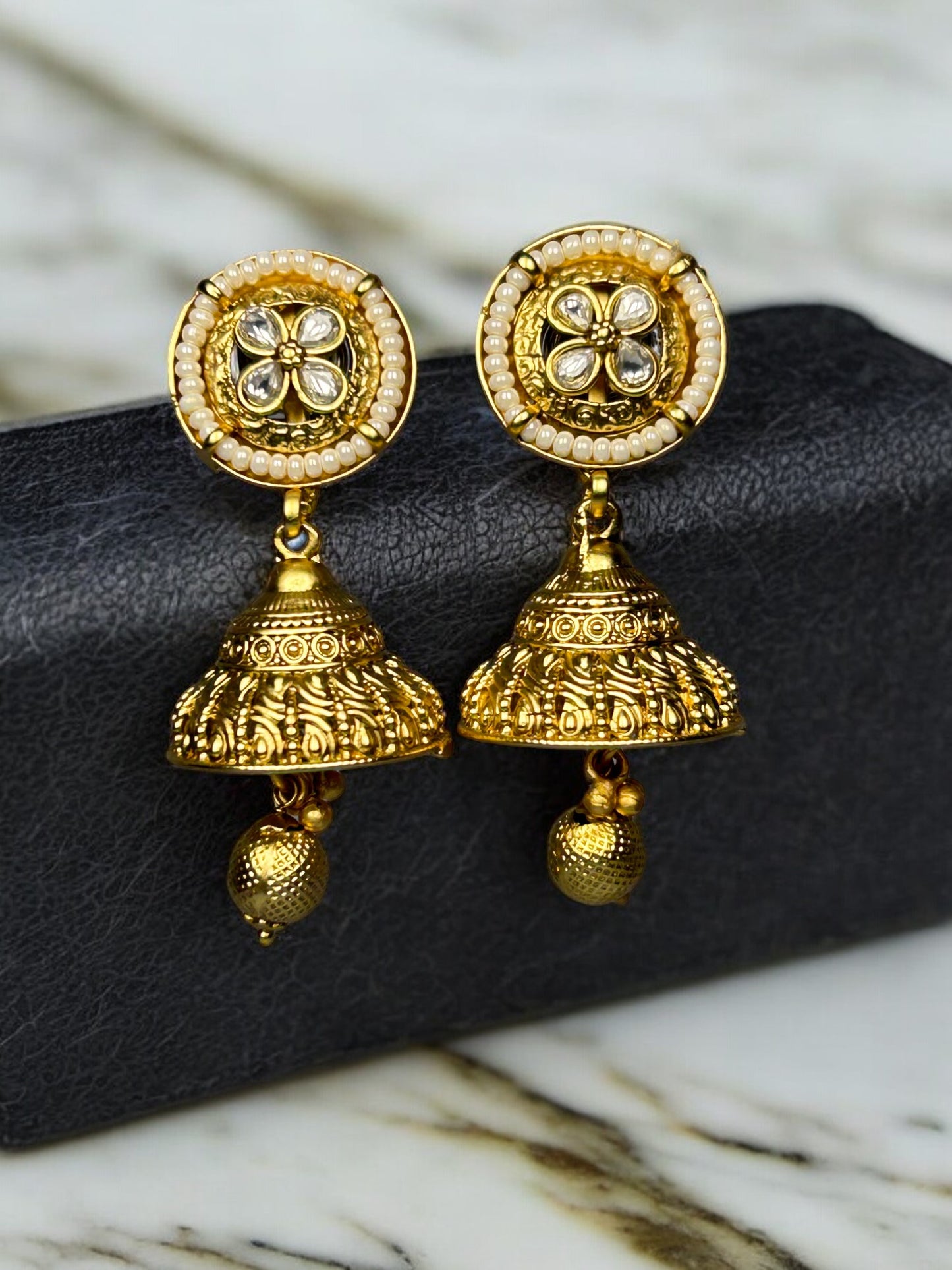 Gold Plated Jhumkis with AD and Pearls