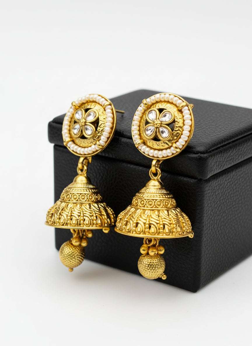 Gold Plated Jhumkis with AD and Pearls