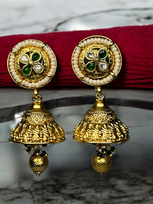 Gold Jhumkis with Pearl Beads