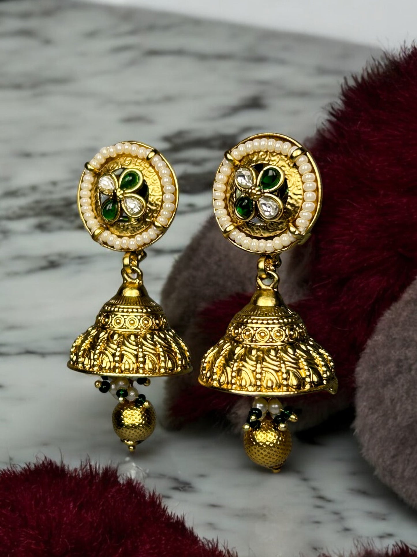 Gold Jhumkis with Pearl Beads
