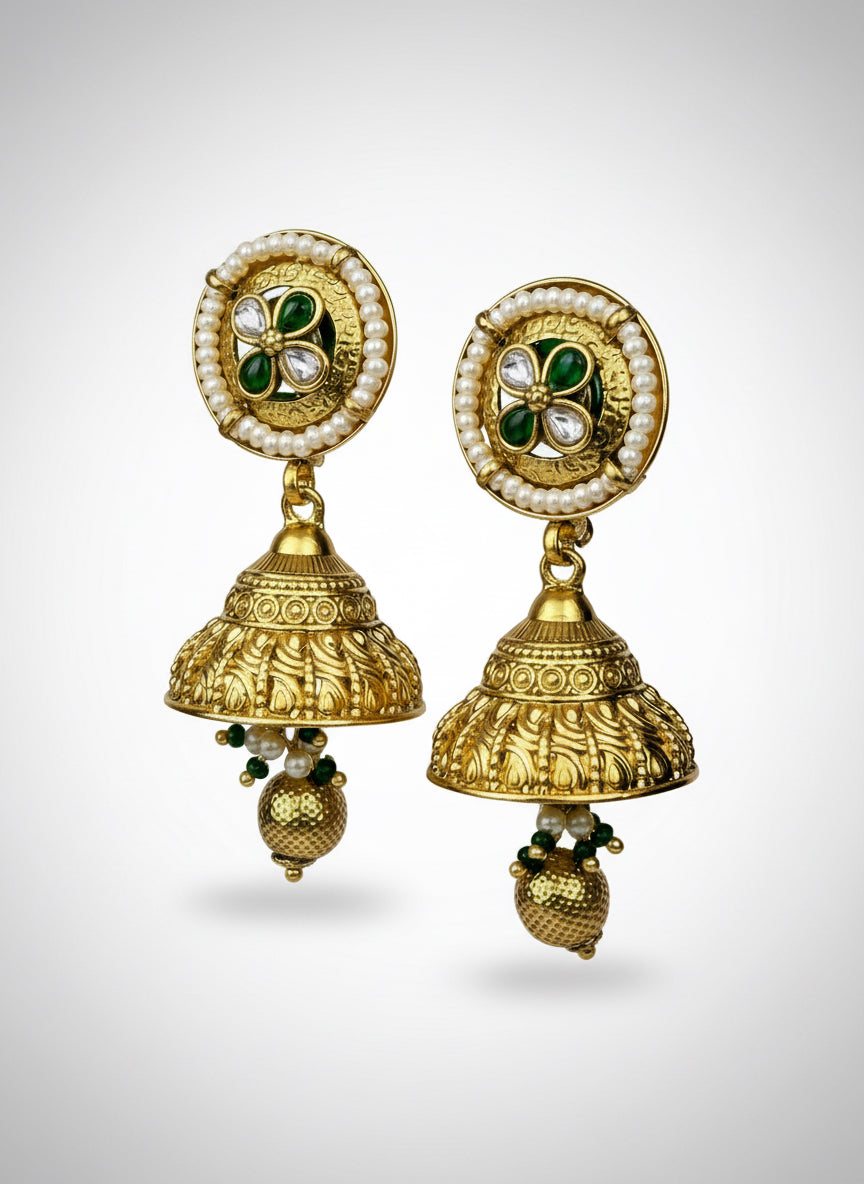 Gold Jhumkis with Pearl Beads