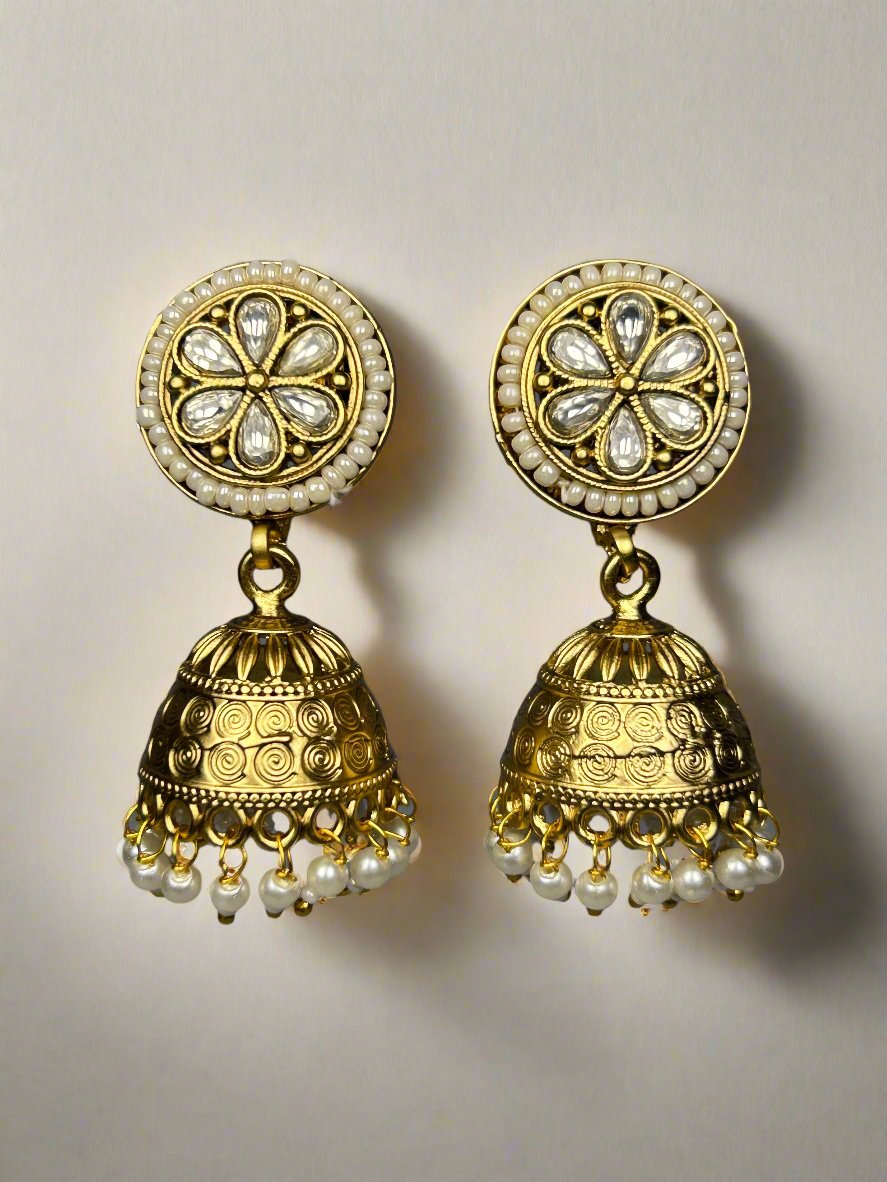 Gold Jhumkis with AD and Pearl Beads