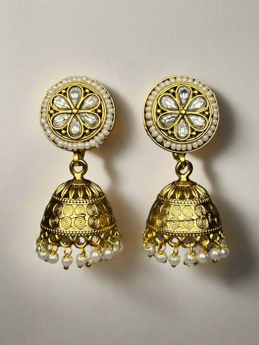 Gold Jhumkis with AD and Pearl Beads