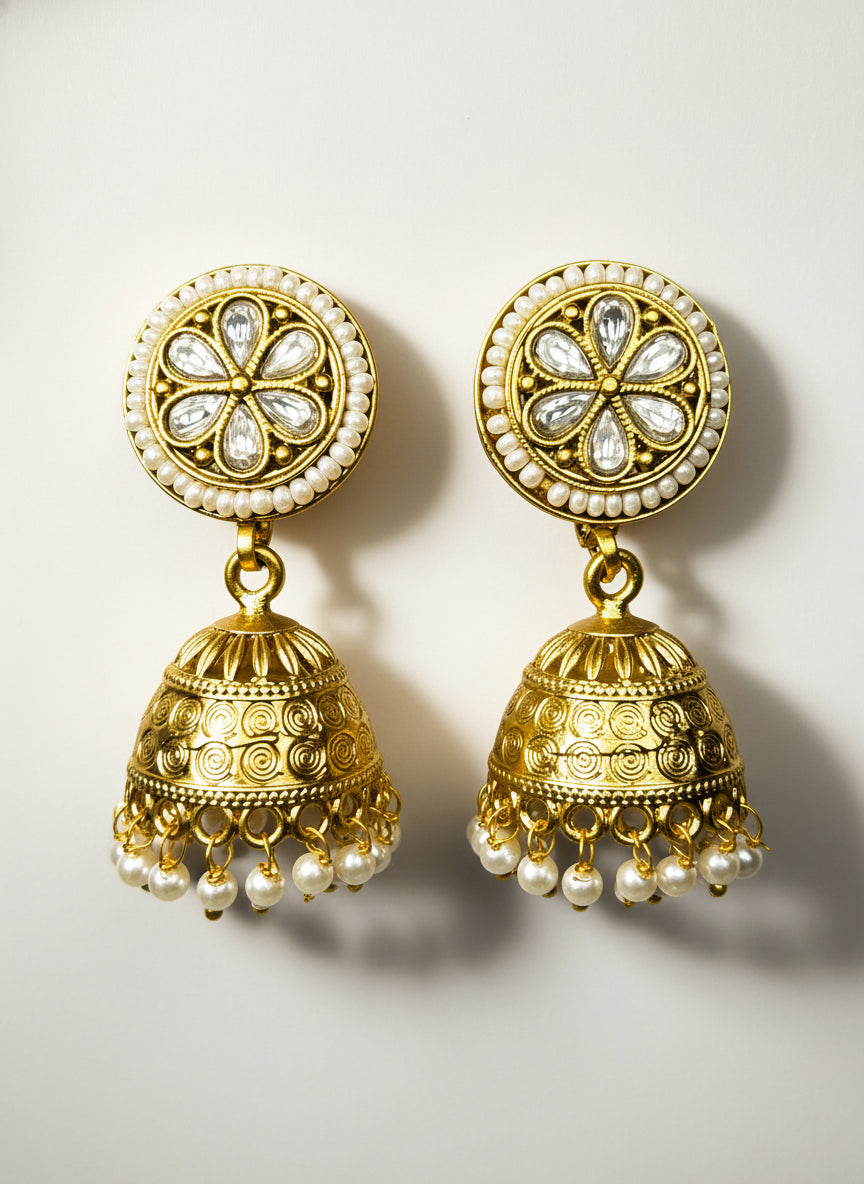 Gold Jhumkis with AD and Pearl Beads