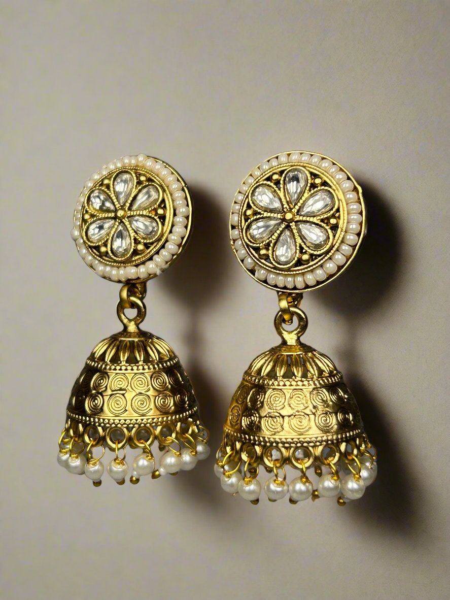 Gold Jhumkis with AD and Pearl Beads