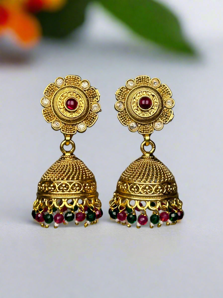 Gold Jhumkas with AD and Colourful Beads