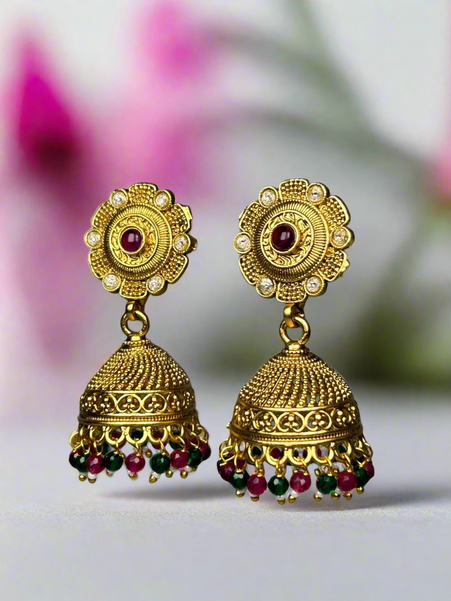 Gold Jhumkas with AD and Colourful Beads