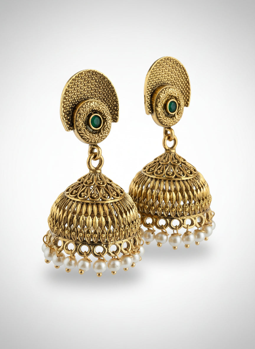 Antique Gold Plated Designer Jhumkas