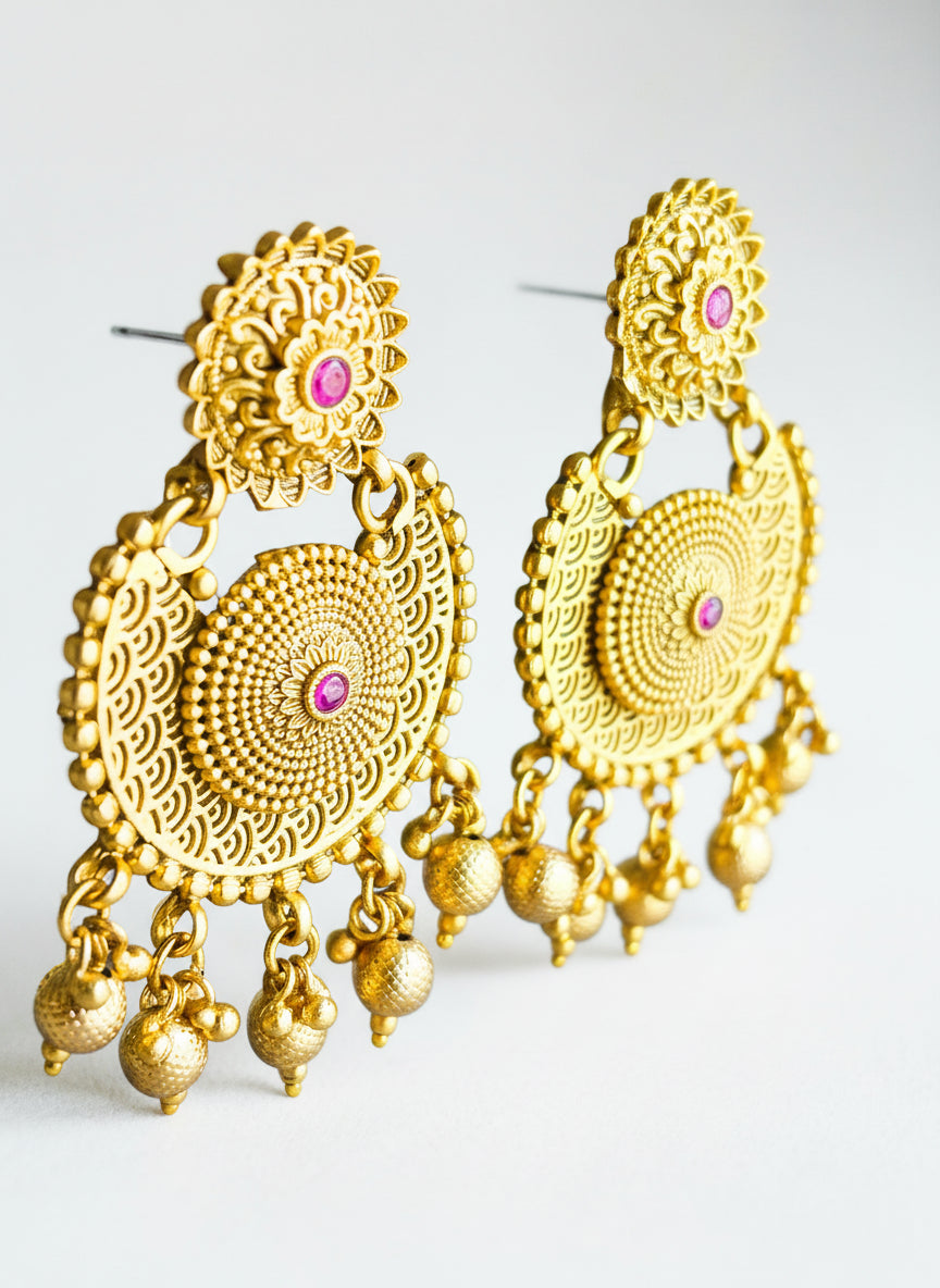 Gold and Ruby Earrings with dangling Beads