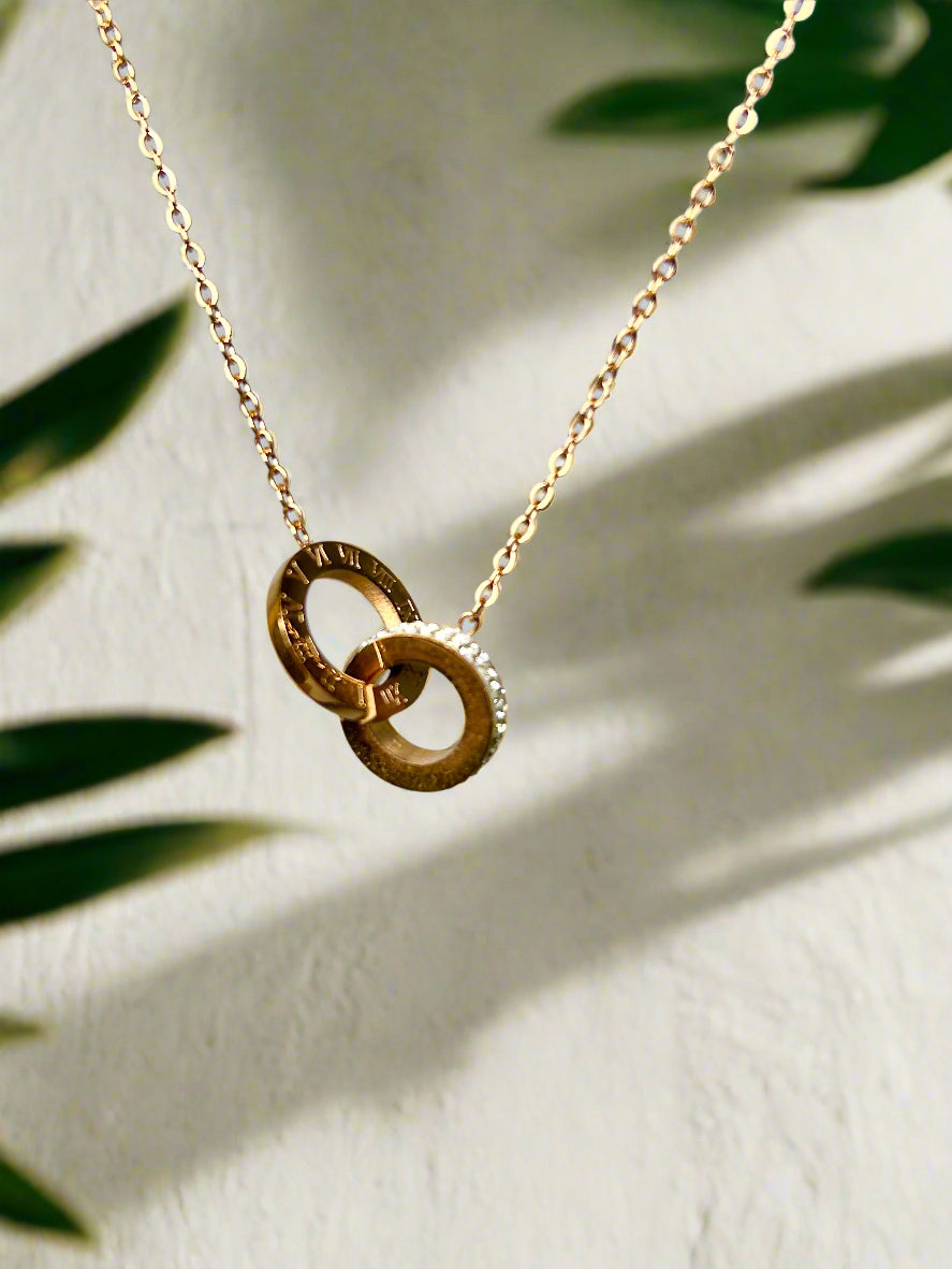 Twin Rings Rose Gold Pendant with AD