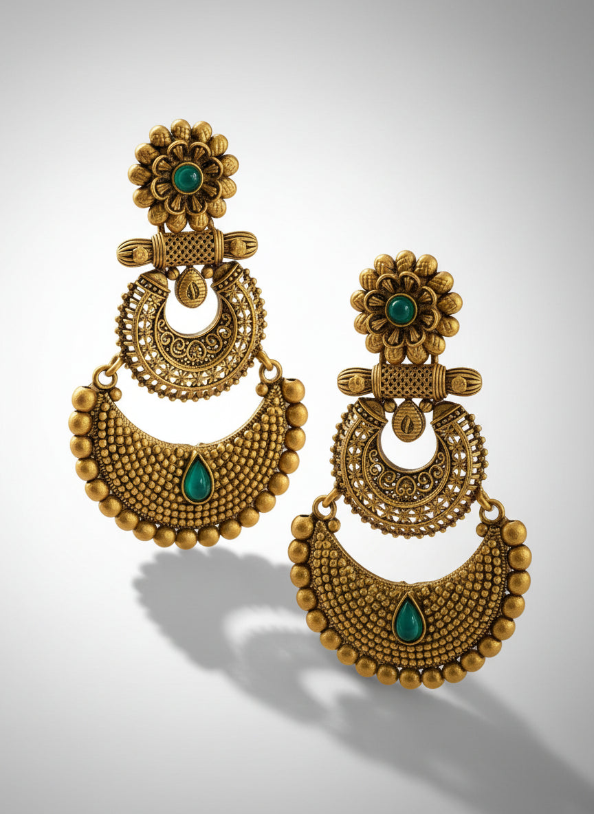 Gold Plated Antique Two-Tier Chandbali Earrings