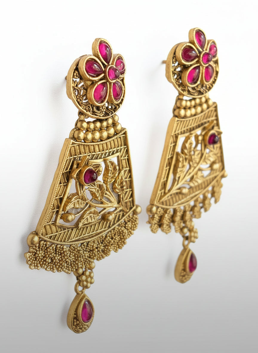 Antique Gold Plated Dangler Earrings with Rubies