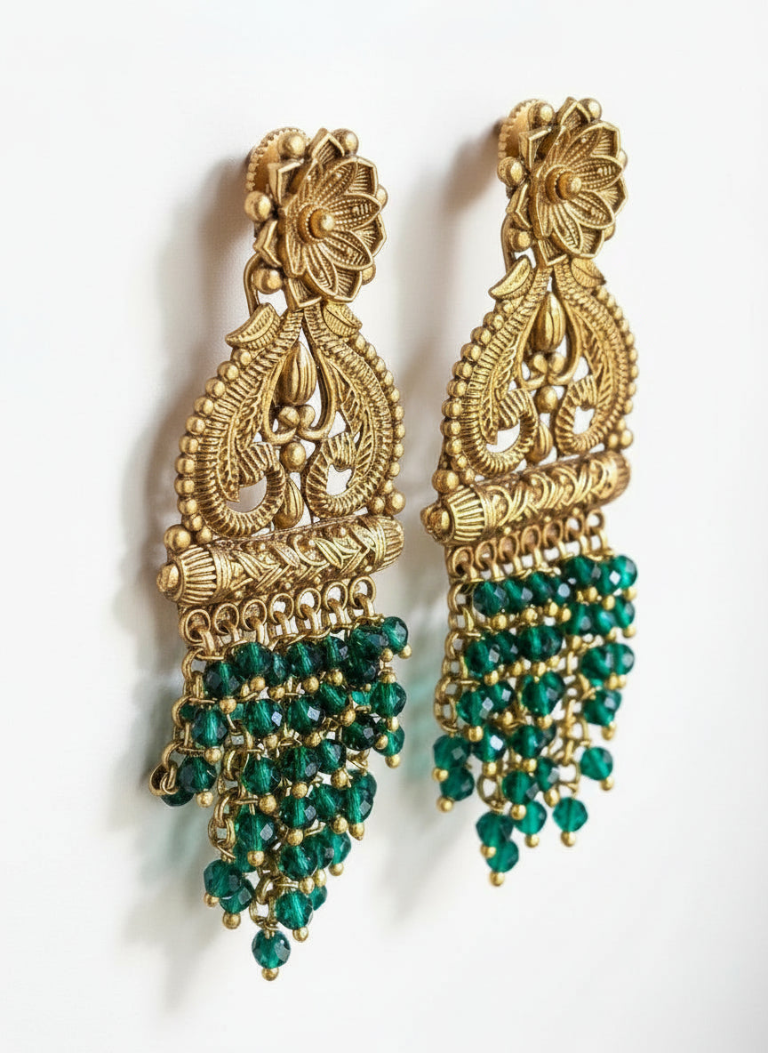 Antique Gold Plated Green Beads Earrings