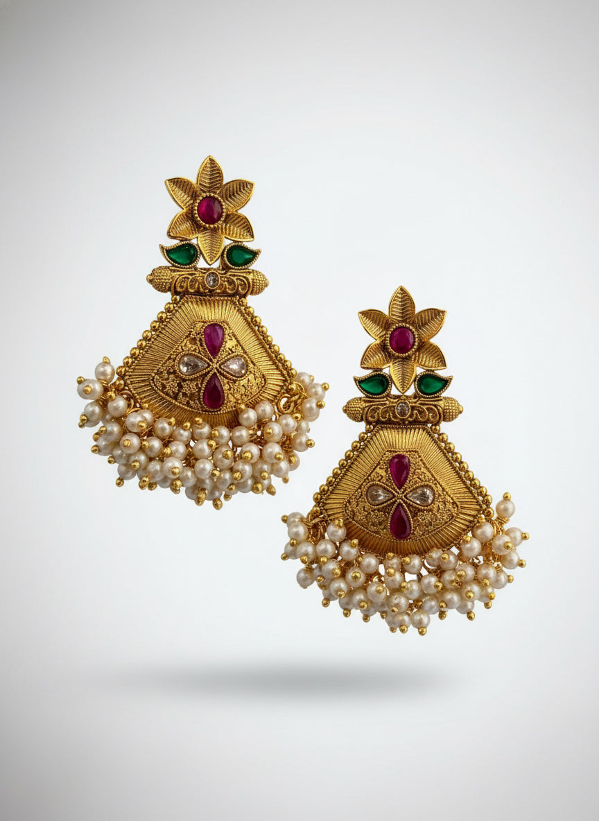 Gold Plated Dangler Earrings with Cluster Pearl Beads