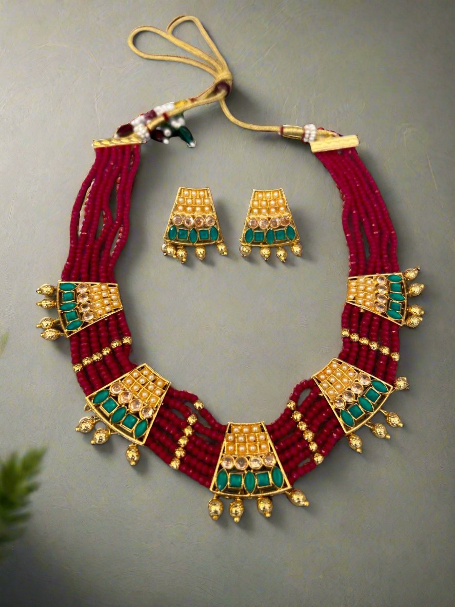 Gold Plated Trapezoids and Six Line Ruby Beads Necklace Set