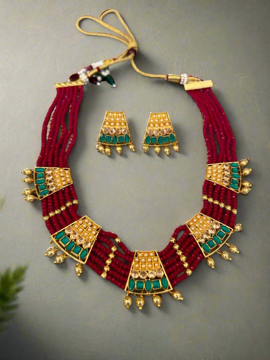 Gold Plated Trapezoids and Six Line Ruby Beads Necklace Set