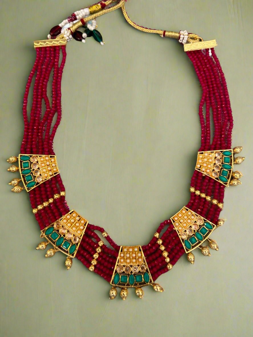 Gold Plated Trapezoids and Six Line Ruby Beads Necklace Set