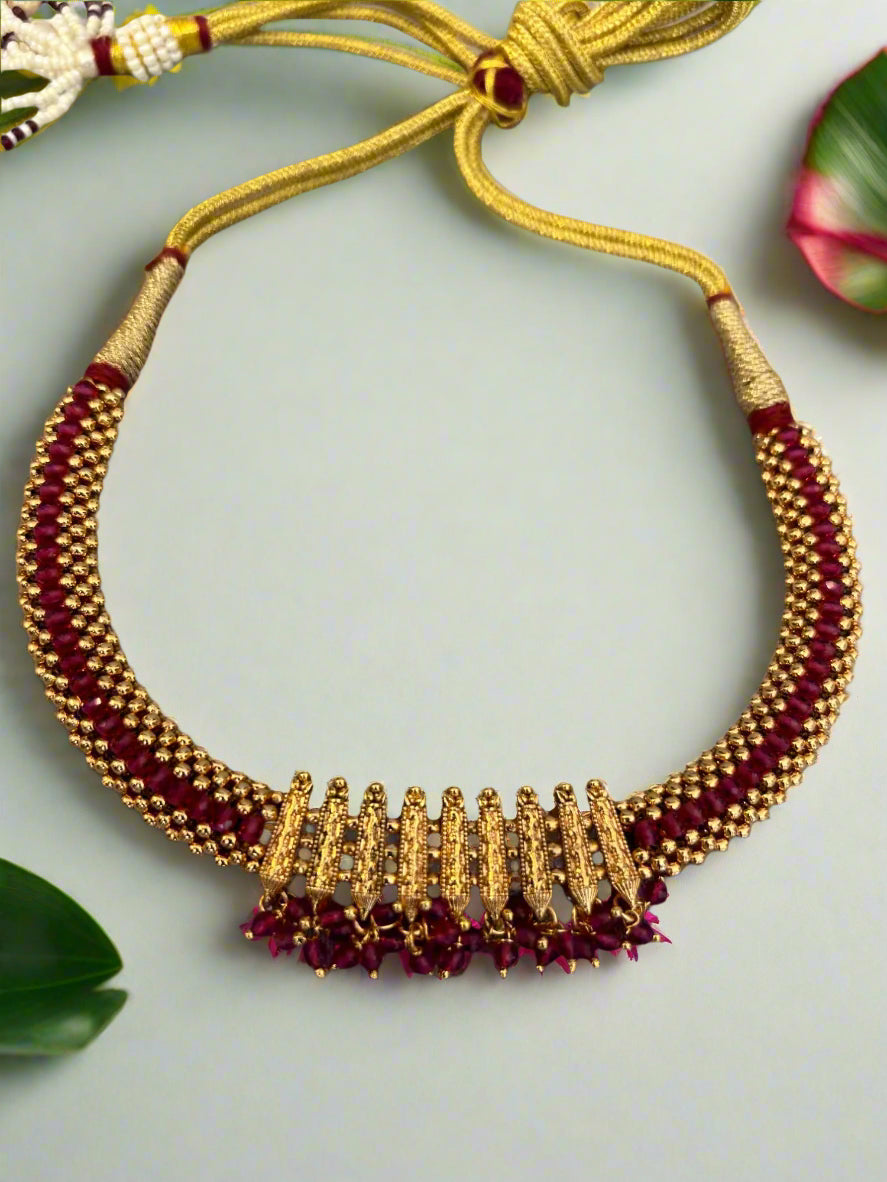 Antique Gold Plated and Ruby Beads Intricate Necklace Set
