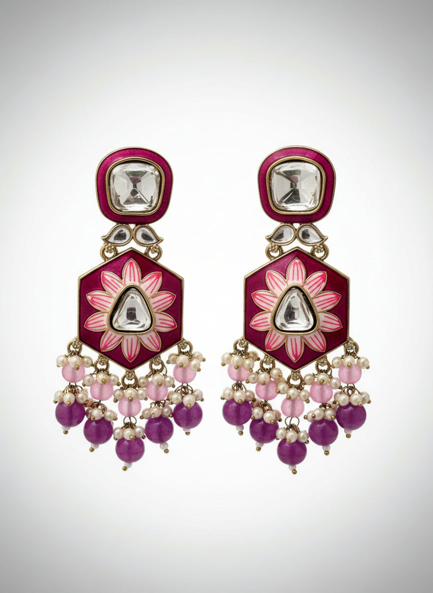 Purple Minakari and Polki Dangler Earrings