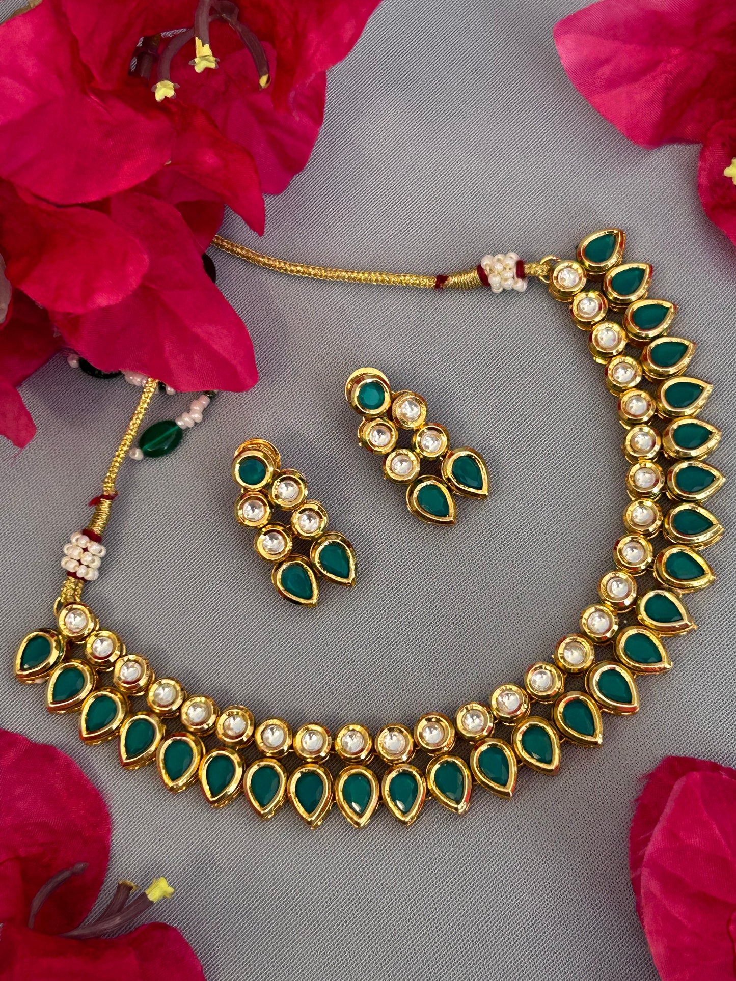 Green Double Line Kundan Necklace Set