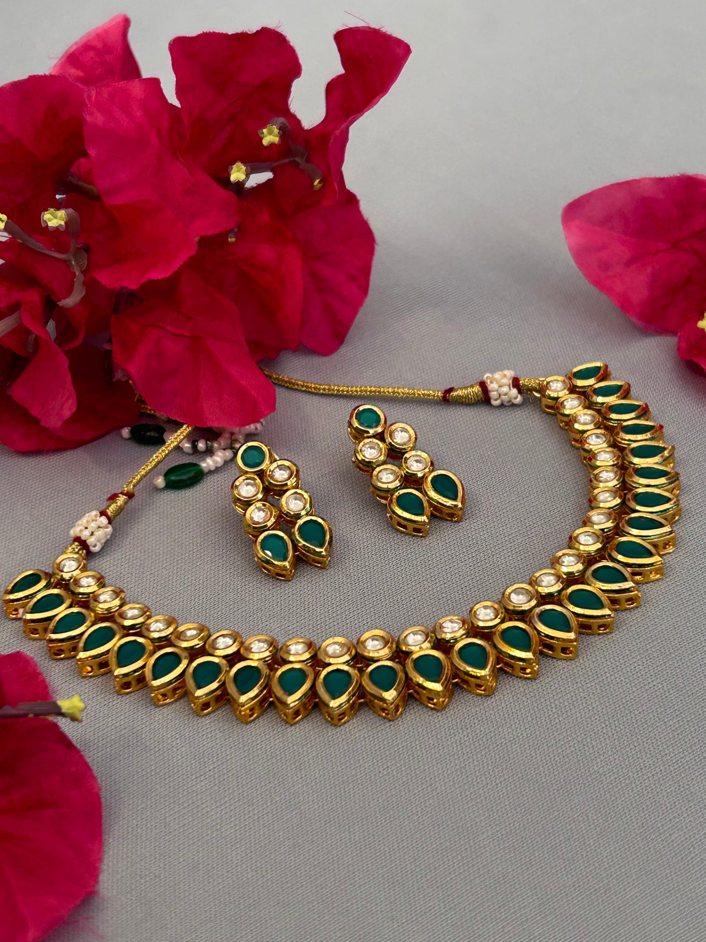 Green Double Line Kundan Necklace Set