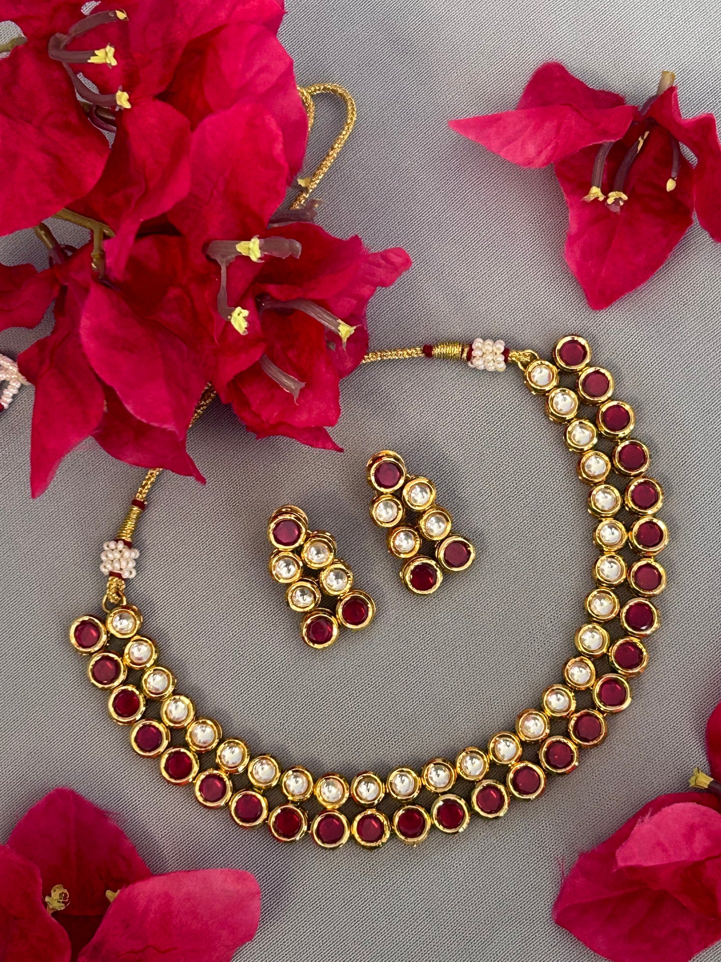 Pink Round Double Line Necklace Set