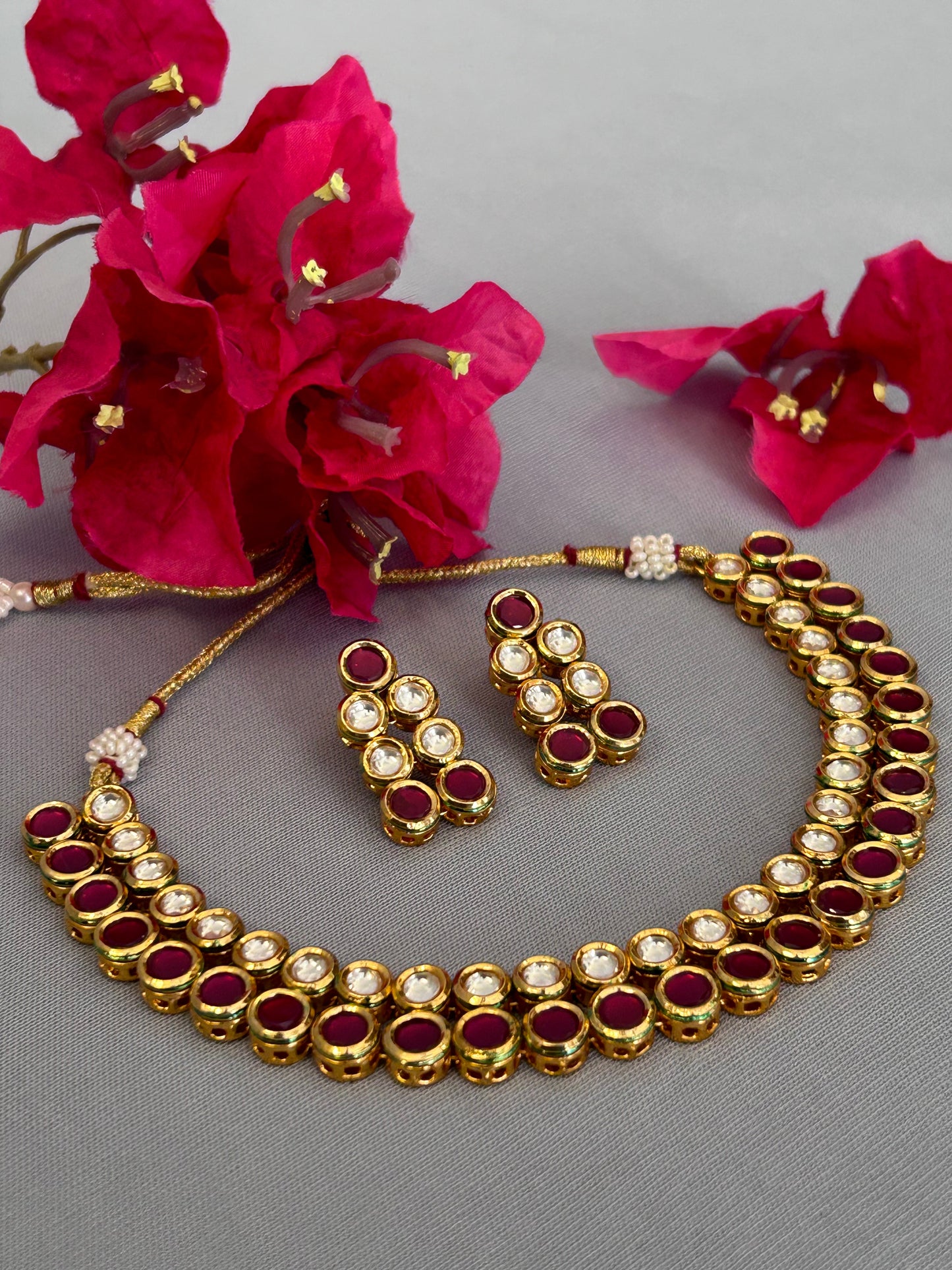 Pink Round Double Line Necklace Set