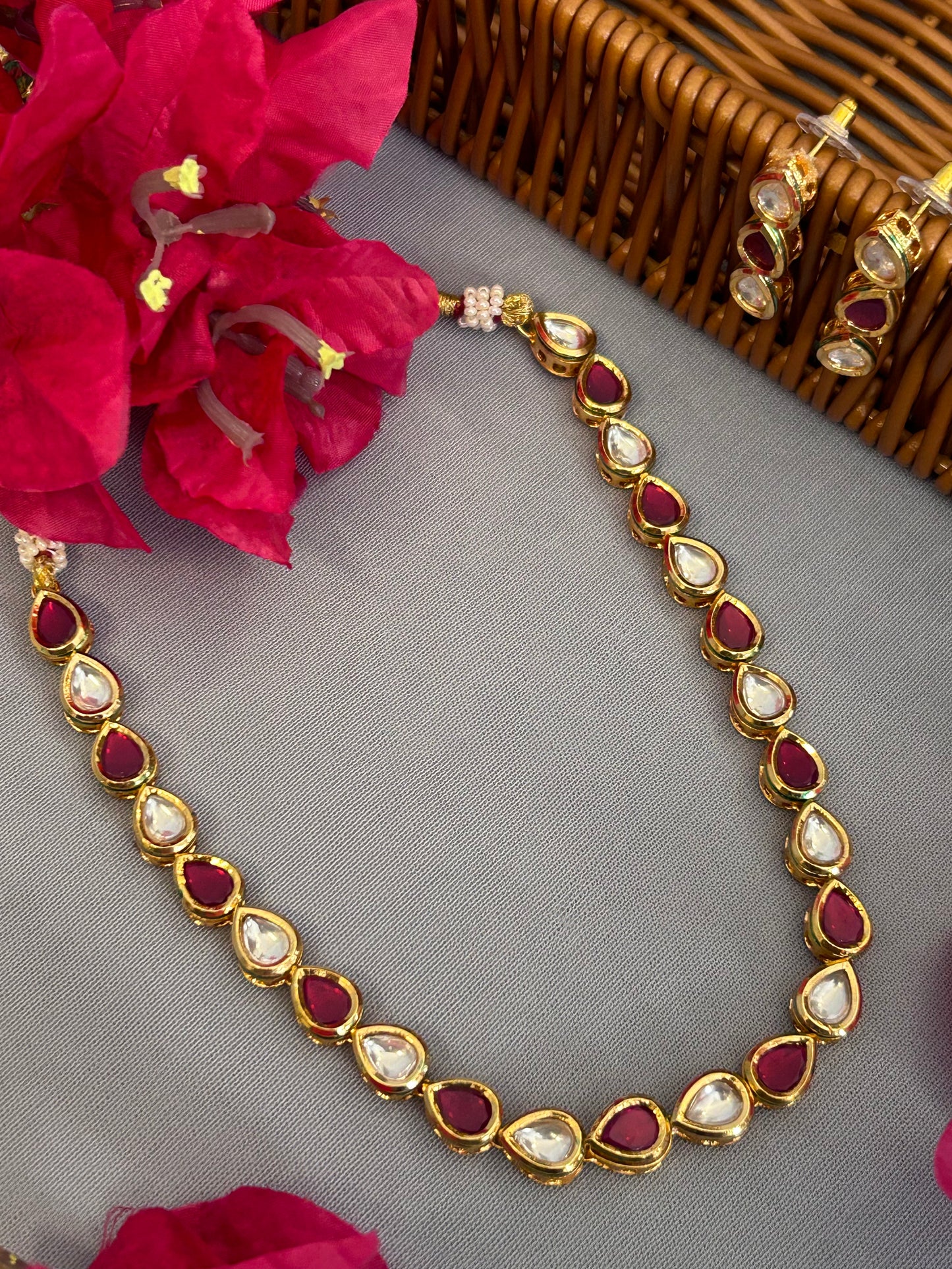 Pink Drop Kundan Single Line Necklace Set with Dangler Earrings