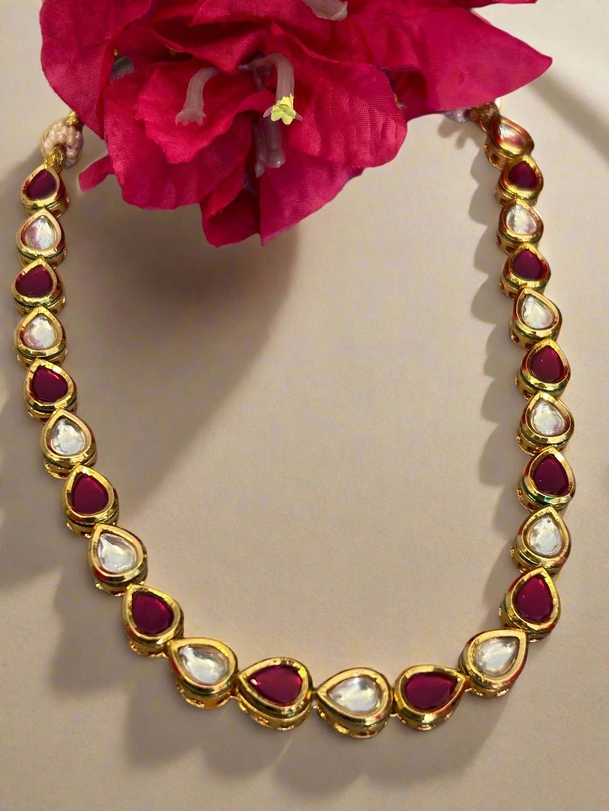 Pink Drop Kundan Single Line Necklace Set with Dangler Earrings