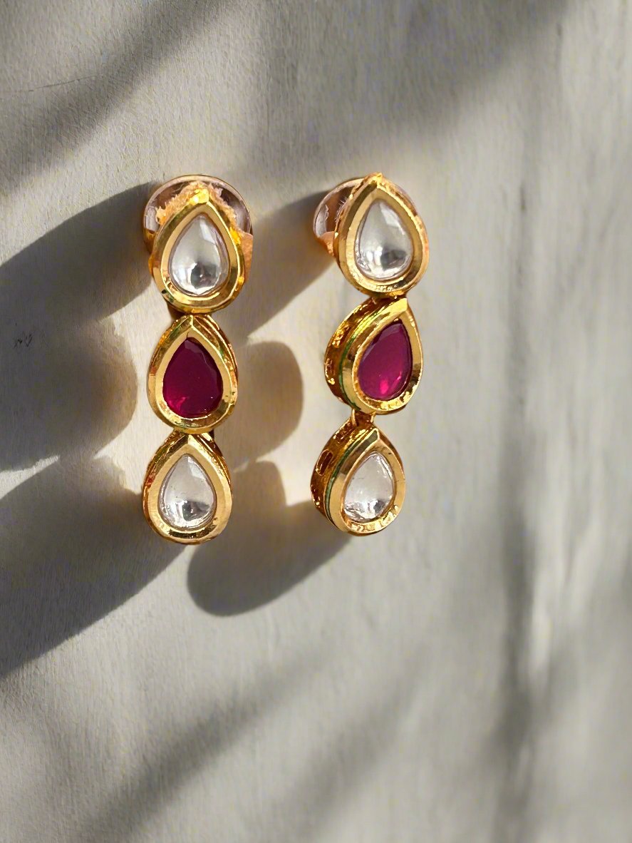 Pink Drop Kundan Single Line Necklace Set with Dangler Earrings