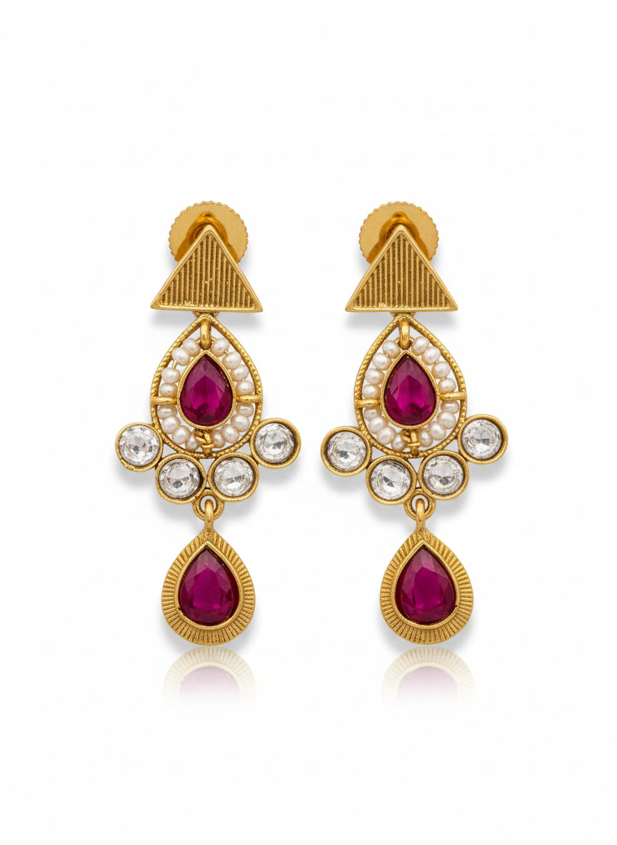 Gold Quirky Necklace Set with Ruby and Uncut Diamonds