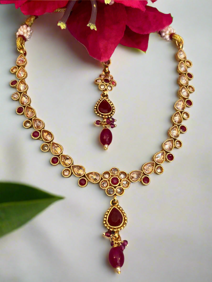 Gold Ruby and Moissanite Necklace Set with Mang Tika