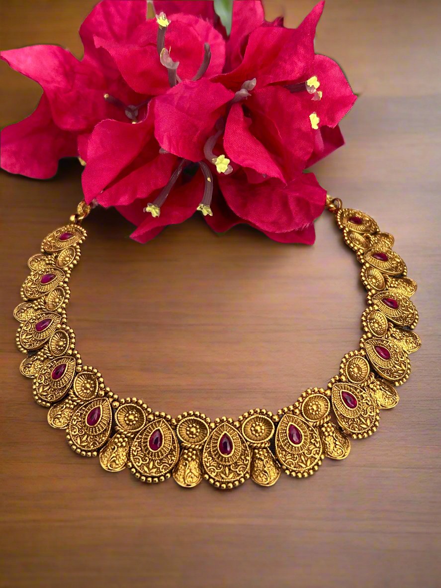 Gold Plated Necklace with Ruby and Stud Earrings