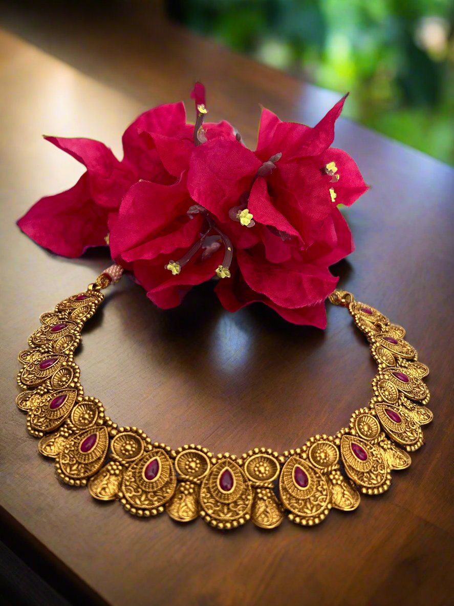 Gold Plated Necklace with Ruby and Stud Earrings