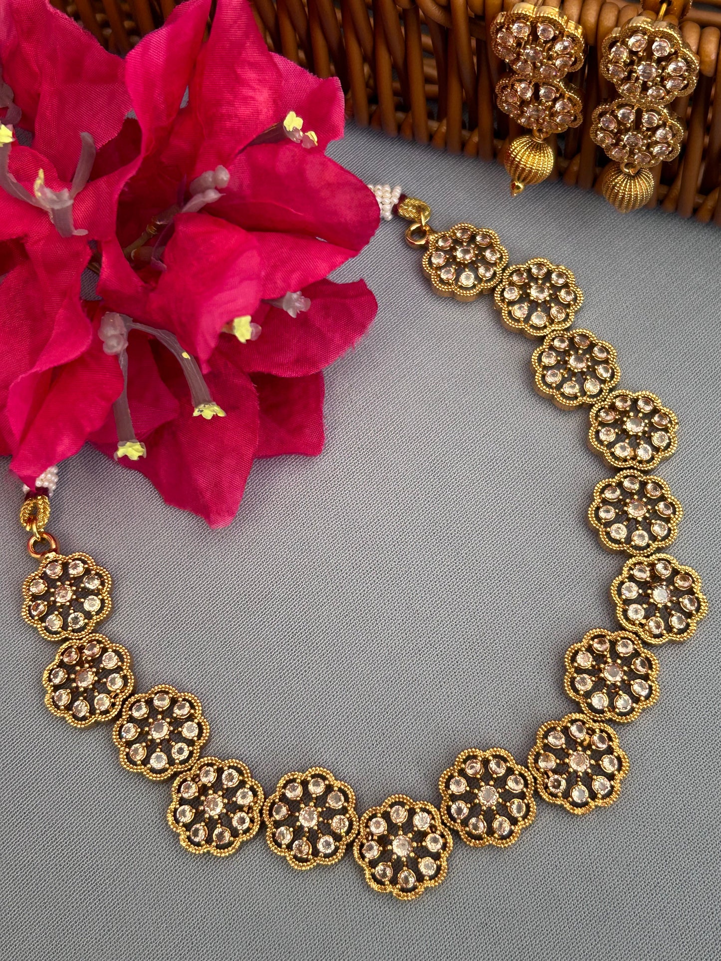 Moissanite Flower Gold Plated Necklace Set