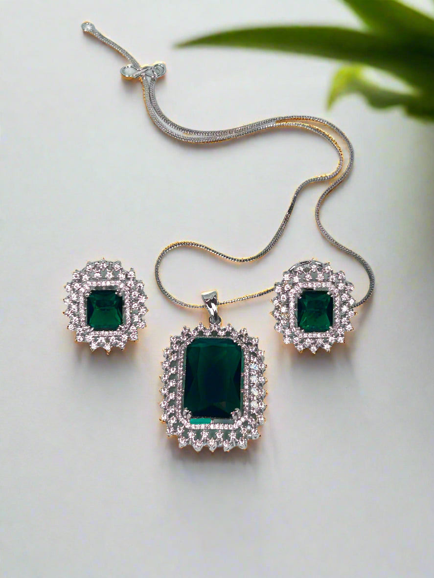 Bold Green Emerald and AD Pendant Set