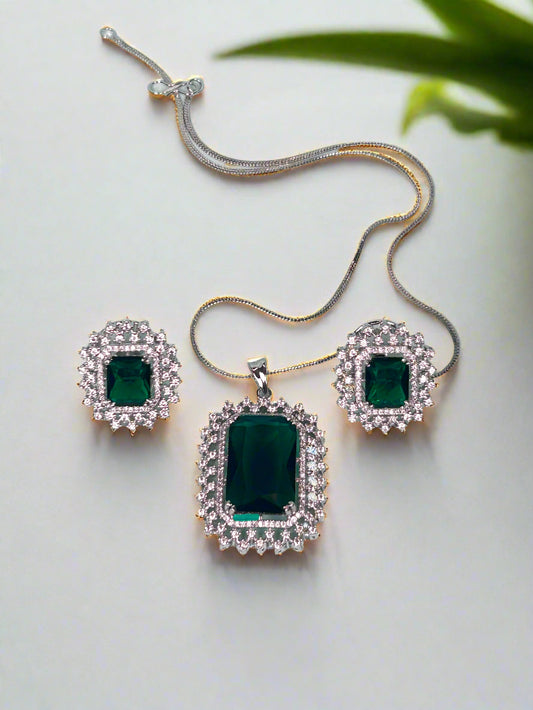 Bold Green Emerald and AD Pendant Set