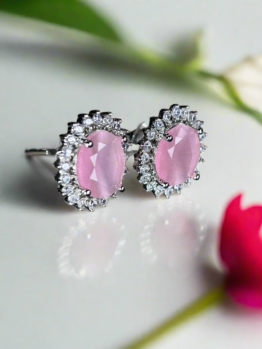 Cluster AD and Pink Quartz Oval Stud Earrings