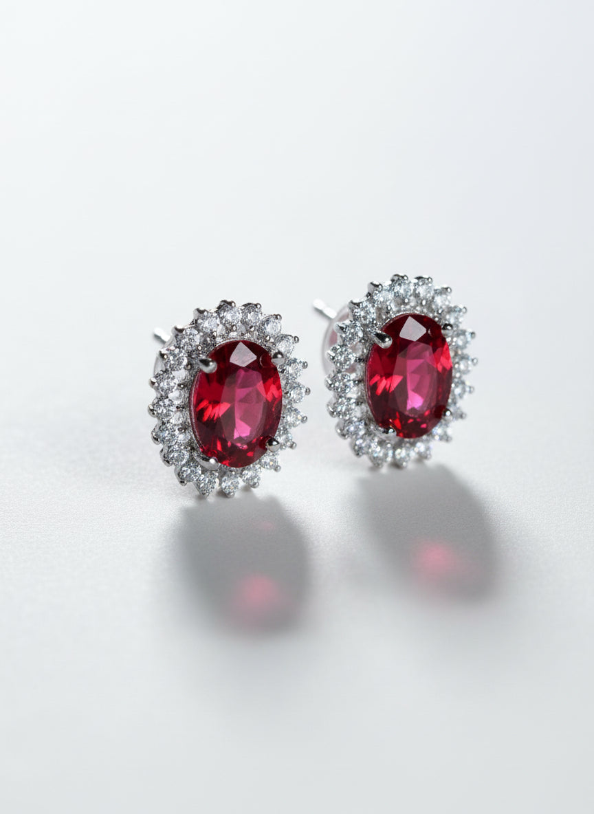 Cluster AD and Ruby Oval Stud Earrings