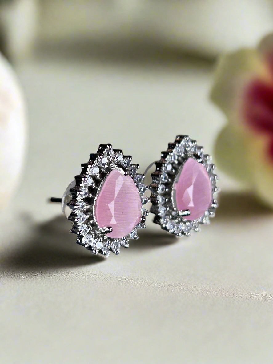 Cluster AD and Pink Quartz Tear Drop Stud Earrings