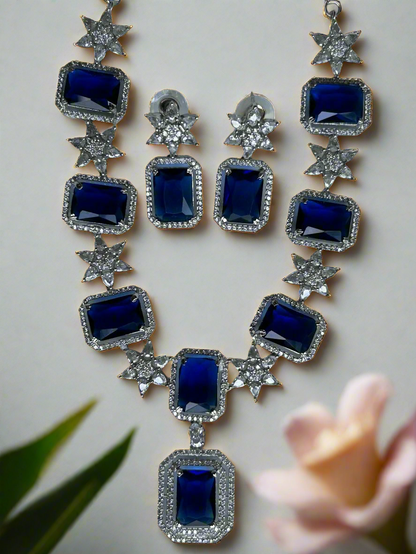 Blue Sapphire and AD Necklace Set