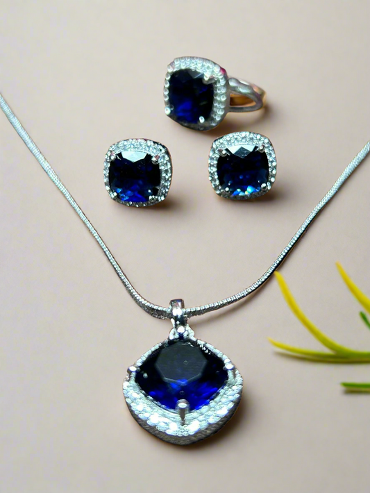 Blue Sapphire and AD Pendant Set